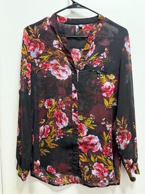 KUT From The Kloth Woman Size S Sheer Floral Dark Romantic Blouse Roll Tab Roses